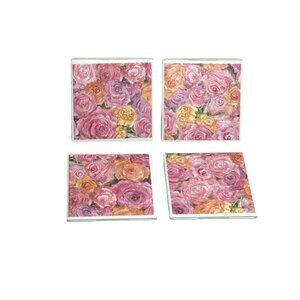 Set of 4 Floral Rose Ceramic Coasters, Cork Back, Shabby Chic Cottagecore Decor,